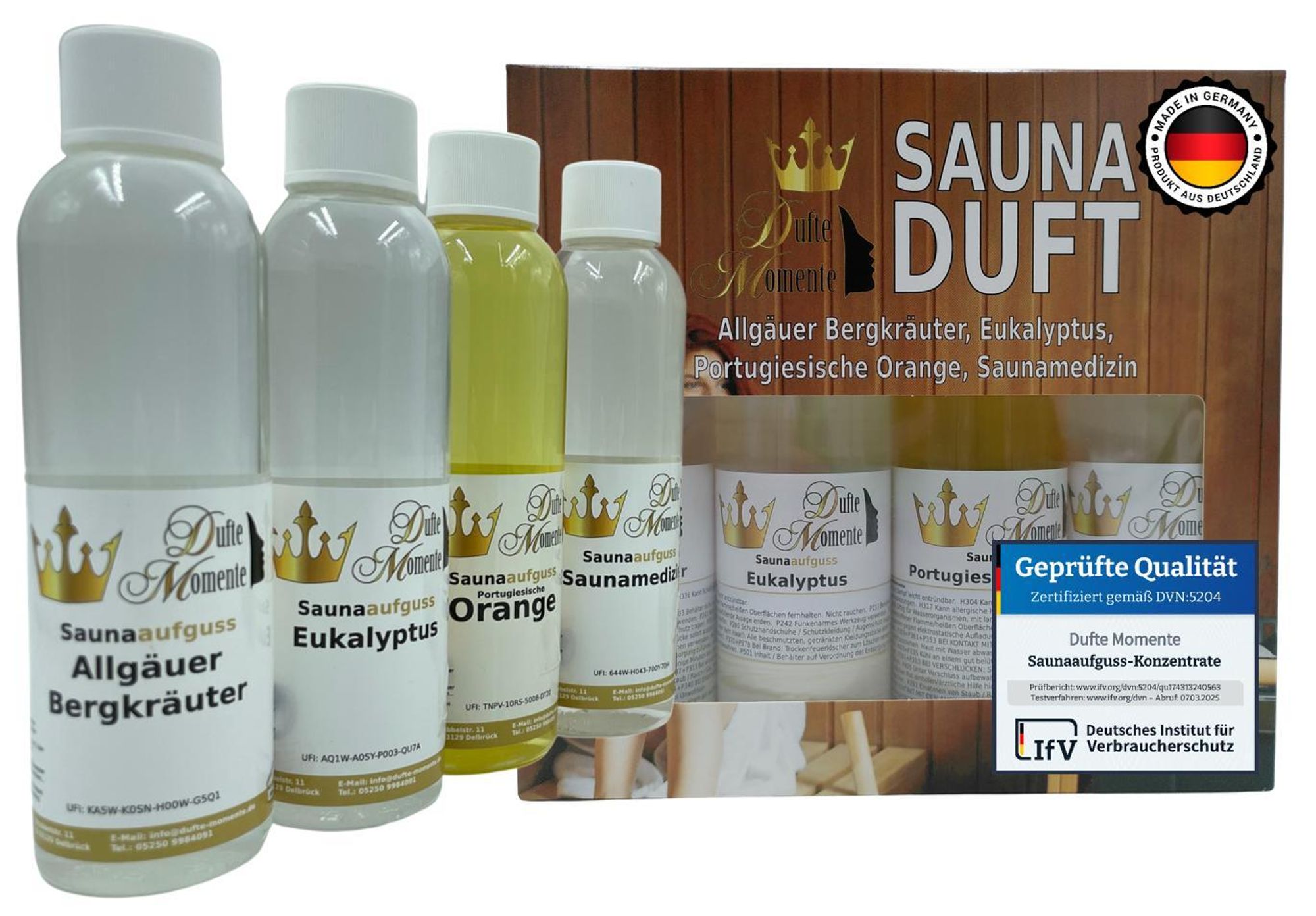 Saunaaufguss Set   4 x 250ml Bergkräuter, Eukalyptus, Portugiesische Orange, Saunamedizin