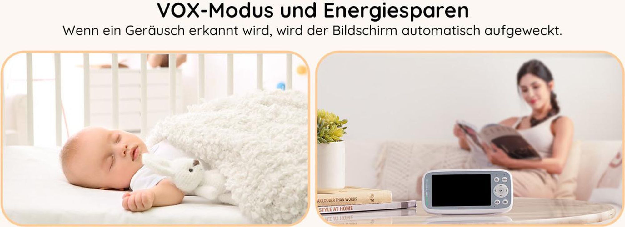 Babyphone mit Kamera VOX Nachtsicht Babyfon Temperaturüberwachung Gegensprechfunktion Video Überwachung mit 4 Zoll Digital IPS Bildschirm Wireless
