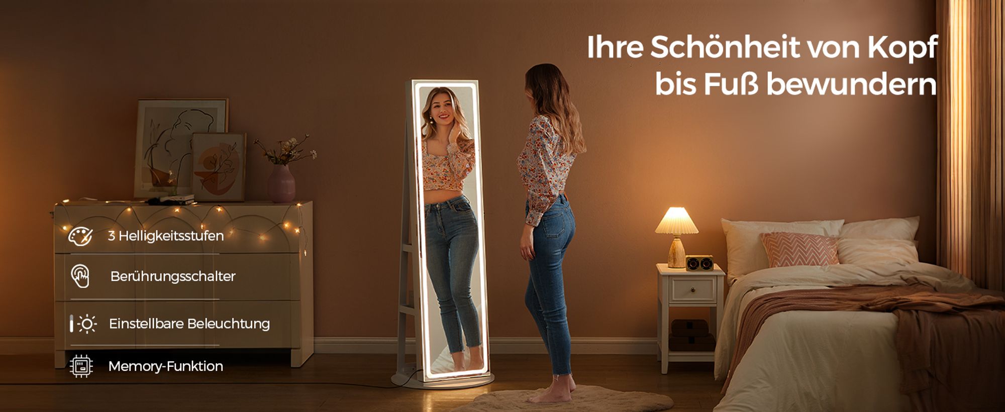 SONGMICS Schmuckschrank mit LED-Beleuchtung und Spiegel, Spiegelschrank, abschließbar, Spiegel mit Rahmen, einstellbare Helligkeit, platzsparend