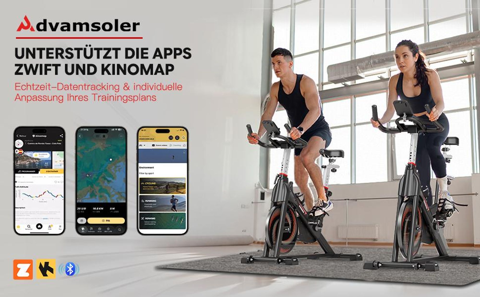 Heimtrainer Fahrrad mit App, Advamsoler Leises Ergometer Hometrainer Fahrrad mit LCD-Monitor & Tablet-Halter, Indoor Bike für Kardiotraining zu Hause