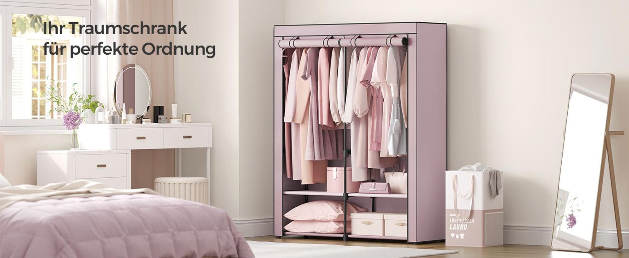SONGMICS Kleiderschrank, mit 2 Kleiderstangen, faltbar, lavendellila