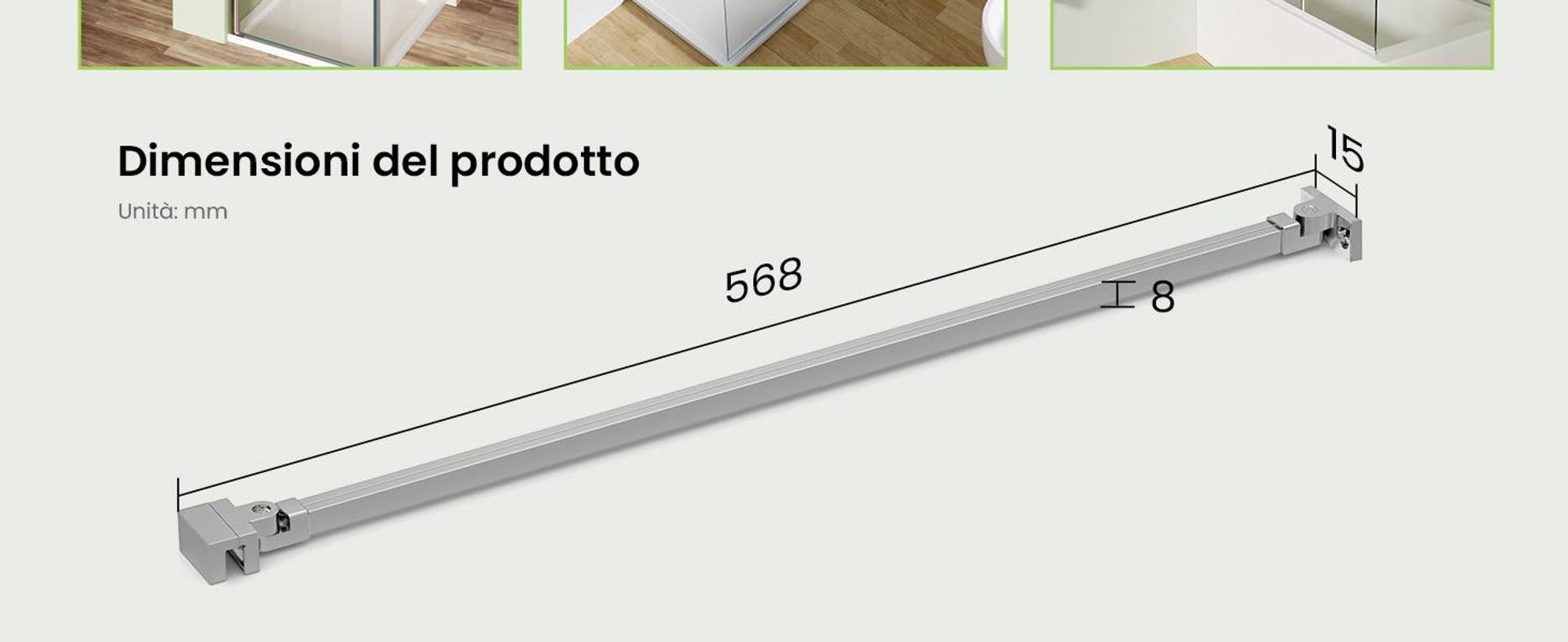 Barra stabilizzatrice per doccia 50 cm, supporto per parete doccia fissato nella parte superiore per vetro da 6-8 mm, barra di sostegno per parete doccia regolabile a 180°, lega di zinco, cromata