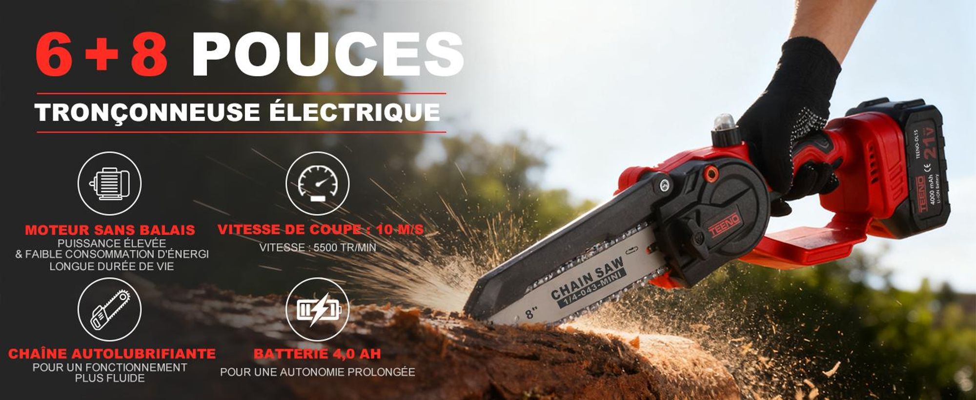 TEENO Tronconneuse a Batterie, Mini Tronçonneuse Électrique 6&8 Pouces 2-en-1, Kit avec 6 Chaînes (3×6"+3×8"),  2×4000mAh, 5500 tr/min, Taille Haie