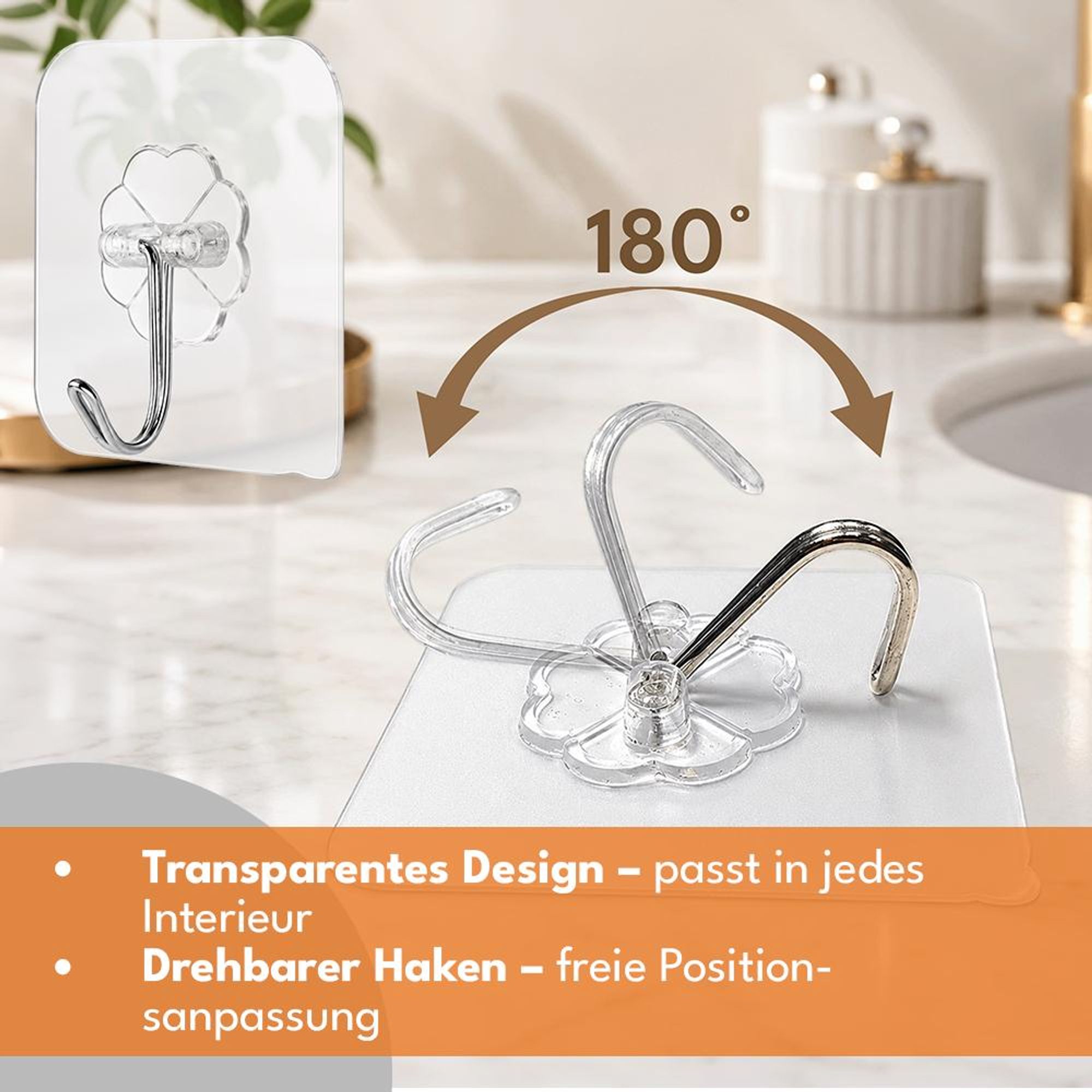 KRUMAD Klebehaken Extra Stark 30 Stück, Selbstklebende Haken ohne Bohren, Wandhaken 180° drehbar, Transparent für Bad, Küche & Büro
