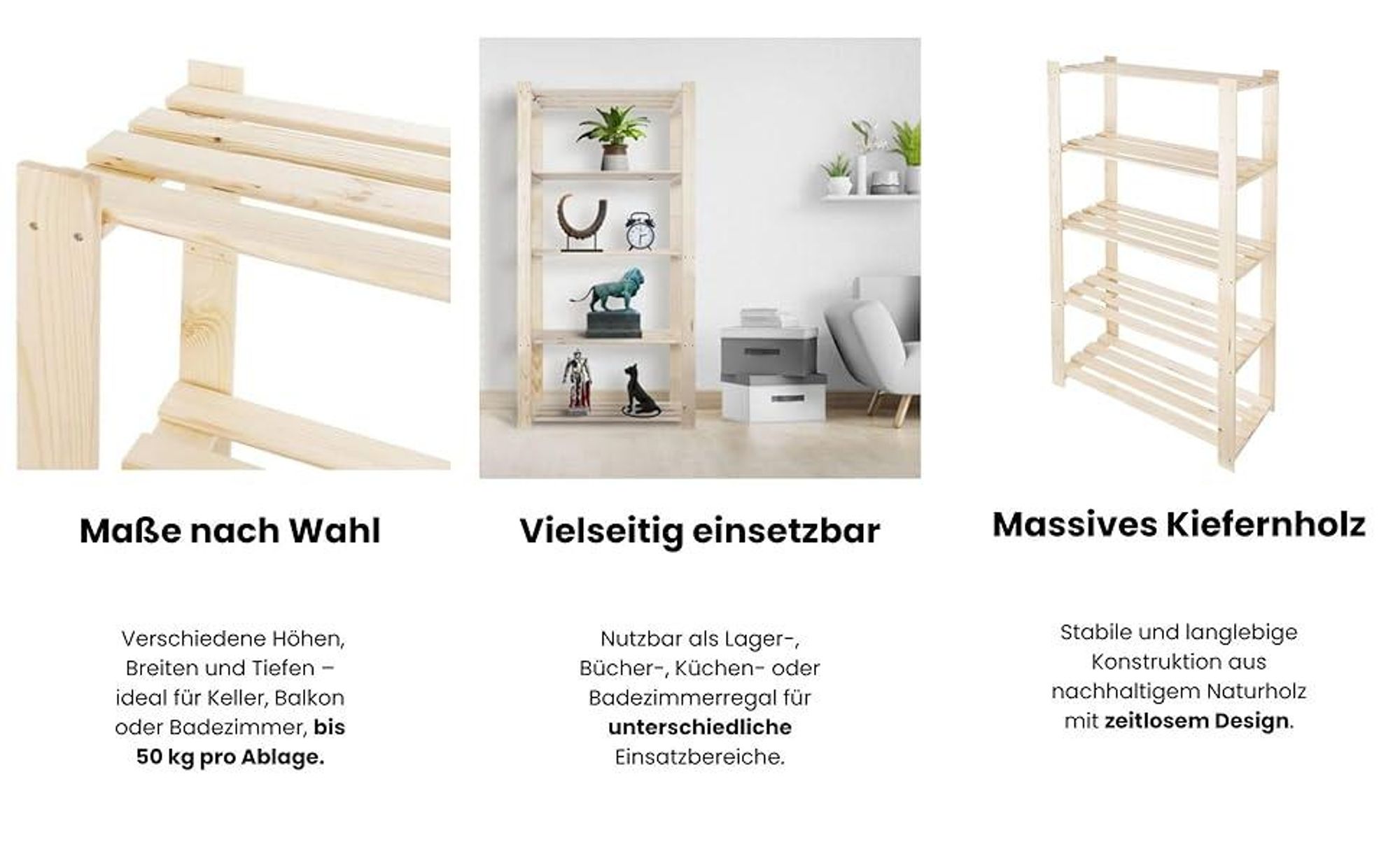 STOLMAK Holzregal Bücherregal 80x170x38 (BxHxT) Wandregal Natur Kiefernholz Massivholzregal Dekoregal 5 Ablagen Kieferregal