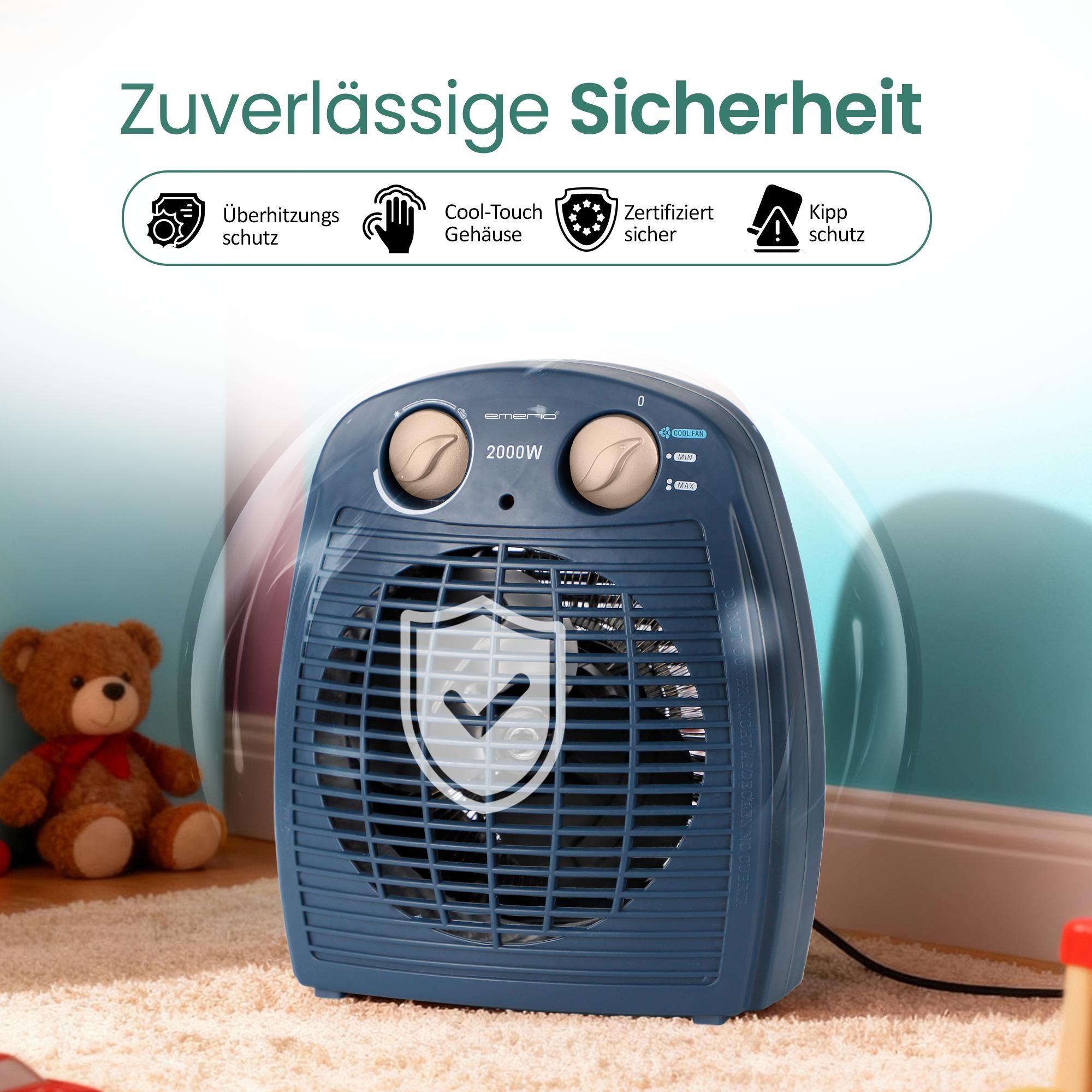 Emerio Heizlüfter FH-106737.12 – 25 m² – 2 Heizstufen – Ventilationsfunktion – einstellbarer Thermostat – Kontrollleuchte – Kippschutz – Blau