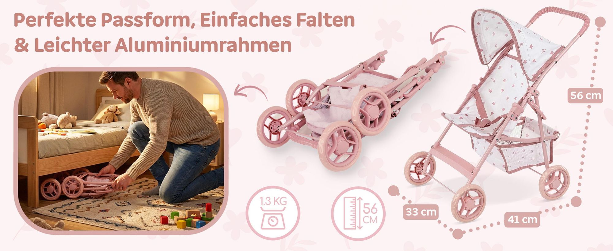 Puppenbuggy klappbar – leichter Puppenwagen mit EVA-Rädern und Zubehörkorb – Rollenspiel für Kinder ab 3 Jahren