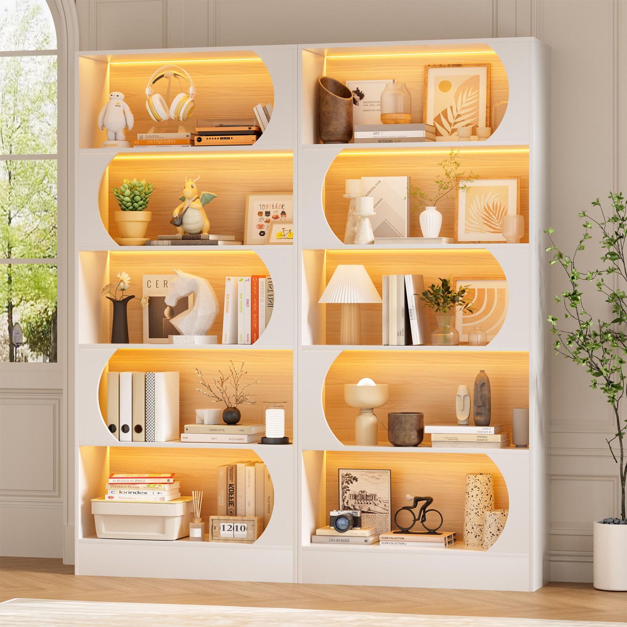 Bücherregal mit LED Beleuchtung, 5 Ebenen freistehend, 180 cm hohes Standregal mit offenen Ablagen, modernes Aufbewahrungsregal für Wohnzimmer, Weiß