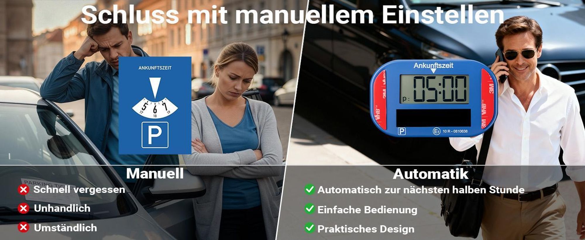 Wiltec Elektronische Parkscheibe mit Solarpanel – Digitale Parkuhr mit automatischer Zeitumschaltung und KBA-Zulassung