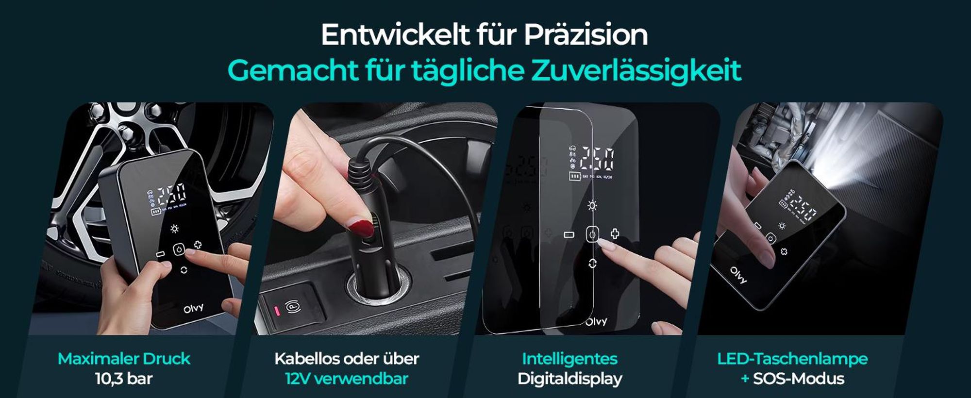Olvy Elektrische Luftpumpe mit Powerbank 6000 mAh – 12V Mini Kompressor für Auto, Fahrrad, Bälle, Luftmatratze, Display, LED, automatische Abschaltung