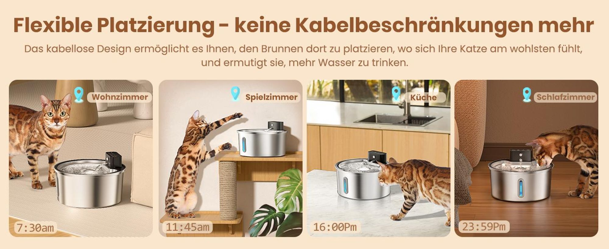 Trinkbrunnen für Katze Kabellos, Haustier Wasserspender, Katzenbrunnen, 3.2L Edelstahl Wasserbrunnen, Automatisch Leise, BPA Frei