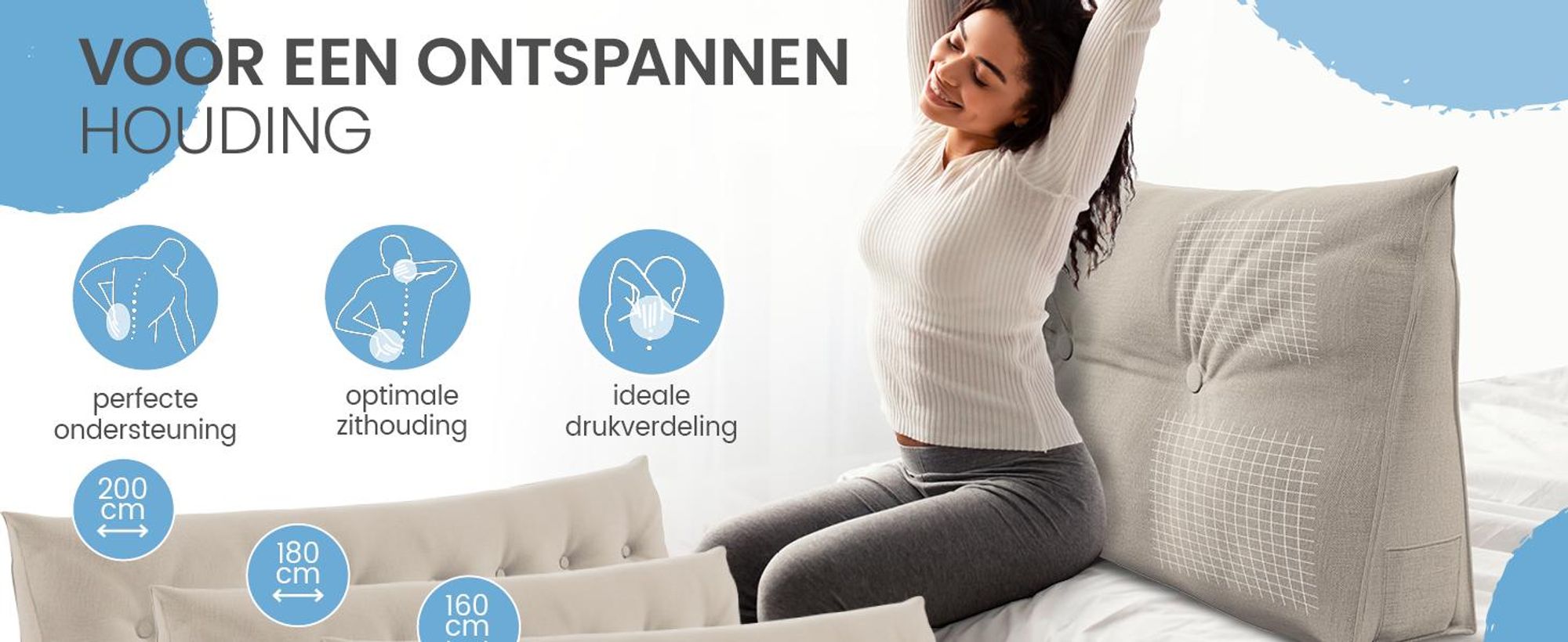 ELONEO rugkussen, 90 cm breed, geschikt als keilkussen voor bed en bank, driehoekig leeskussen, kussen met afneembare en wasbare hoes