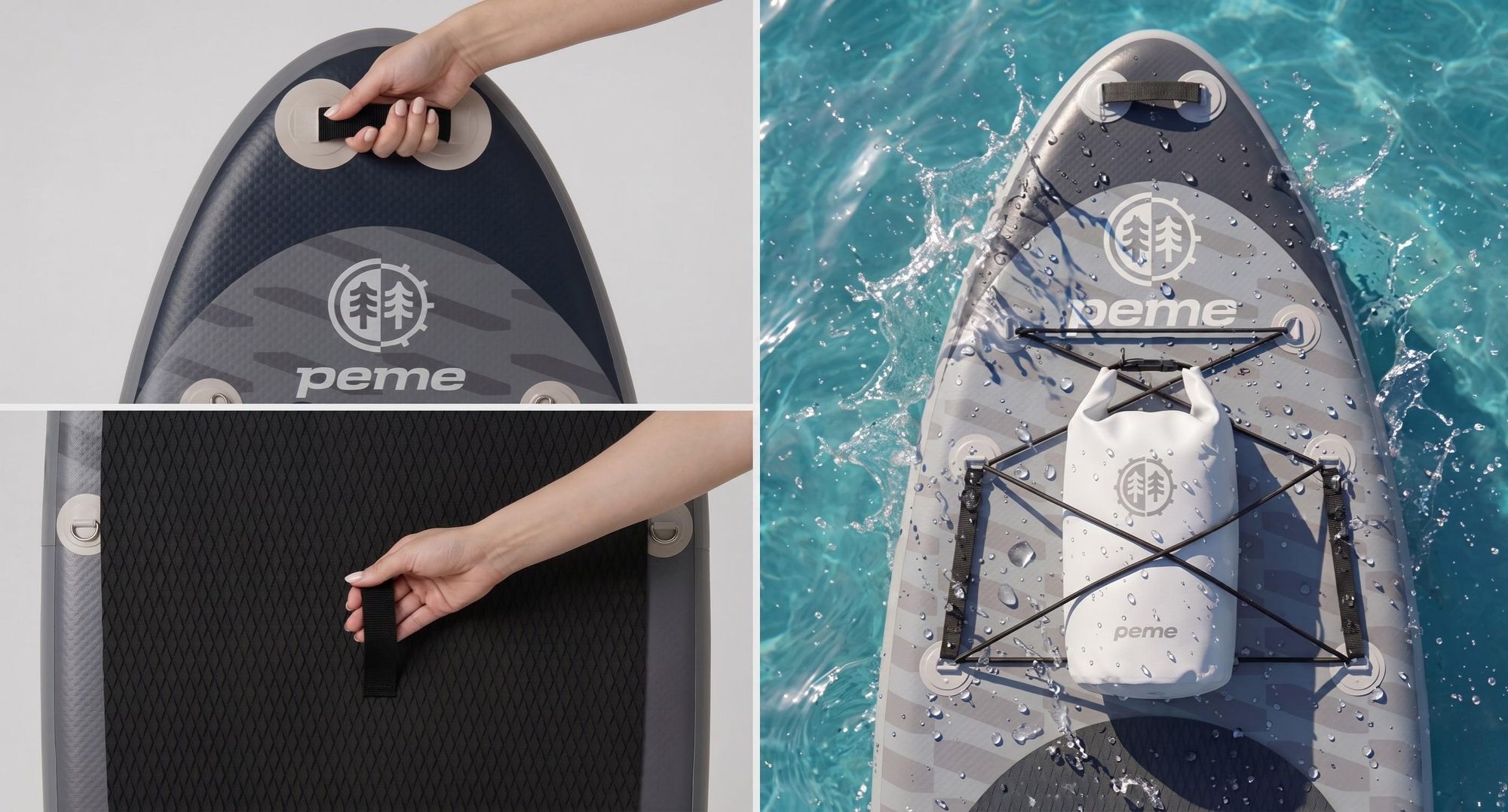 PEME Stand Up Paddle Board – Dark Sky – 350 cm – dvojité pádlo a kompletné príslušenstvo, SUP, nafukovacia surfová doska – sivá a čierna