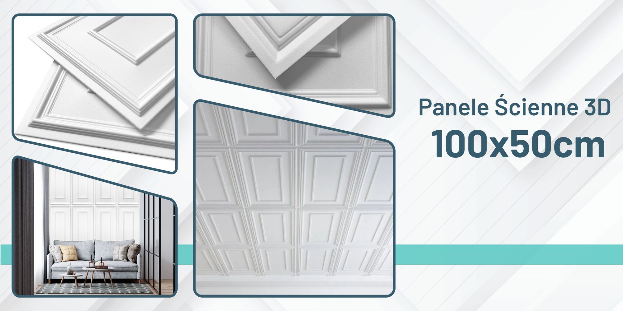 DECCART | Kasetony sufitowe 3D | Panele scienne | Panele scienne 3D | Rama biala | 100x50cm | 0,5m²