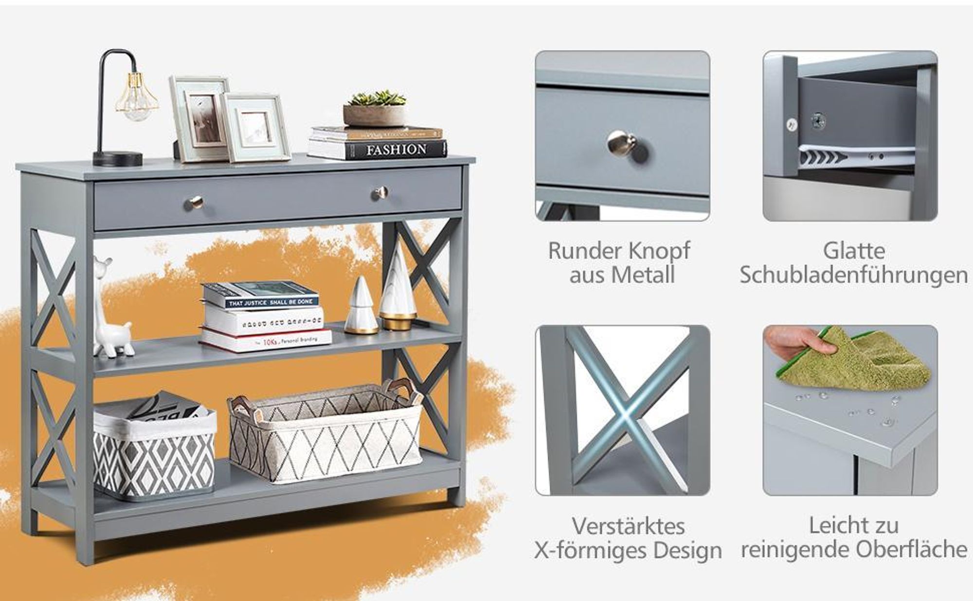 COSTWAY 3 Ebenen Konsolentisch mit Schublade, Flurtisch Holz, Standregal, Beistelltisch, Sofatisch, Flur, Wohnzimmer, 100 x 30 x 80 cm Weiß