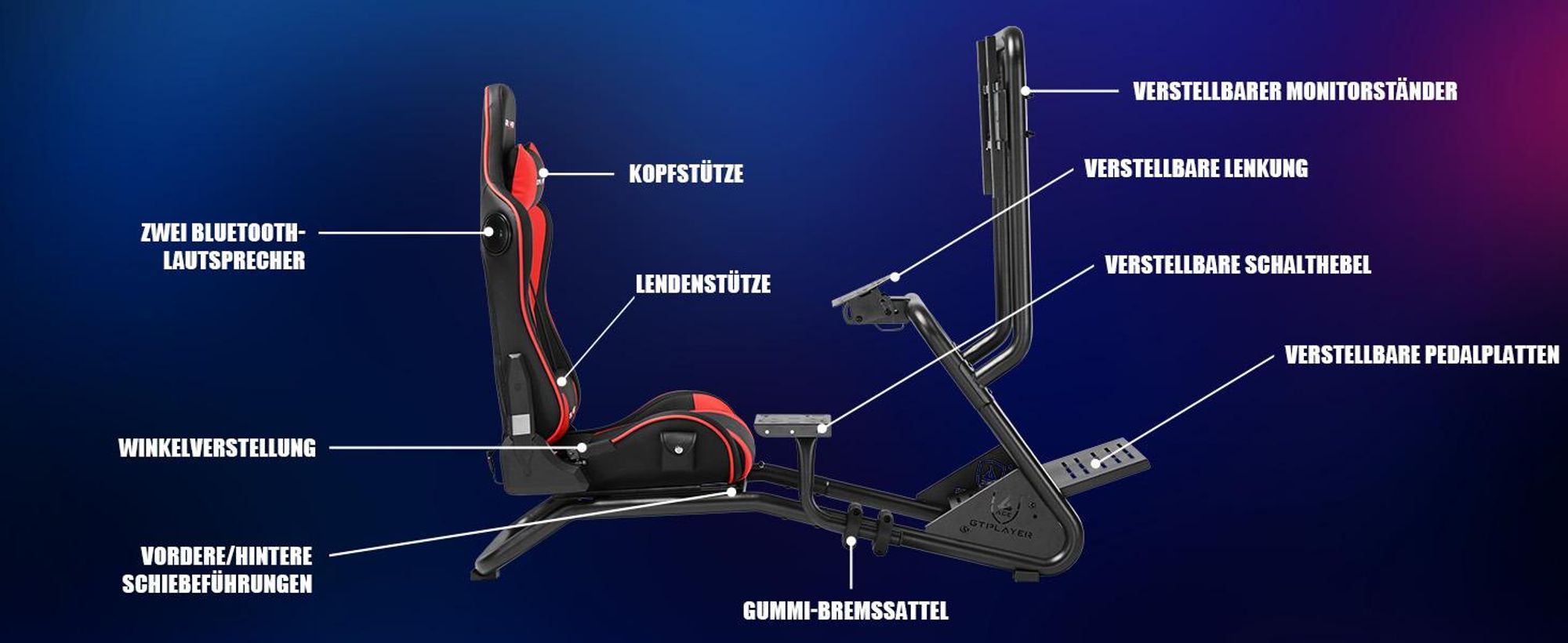 GTPLAYER Simulator Cockpit,Rennsimulator lenkradständer mit 3D-Stereo-Lautsprechern, Monitorhalterung, verstellbarer Lenkradhalterung, Schalthebelhalt