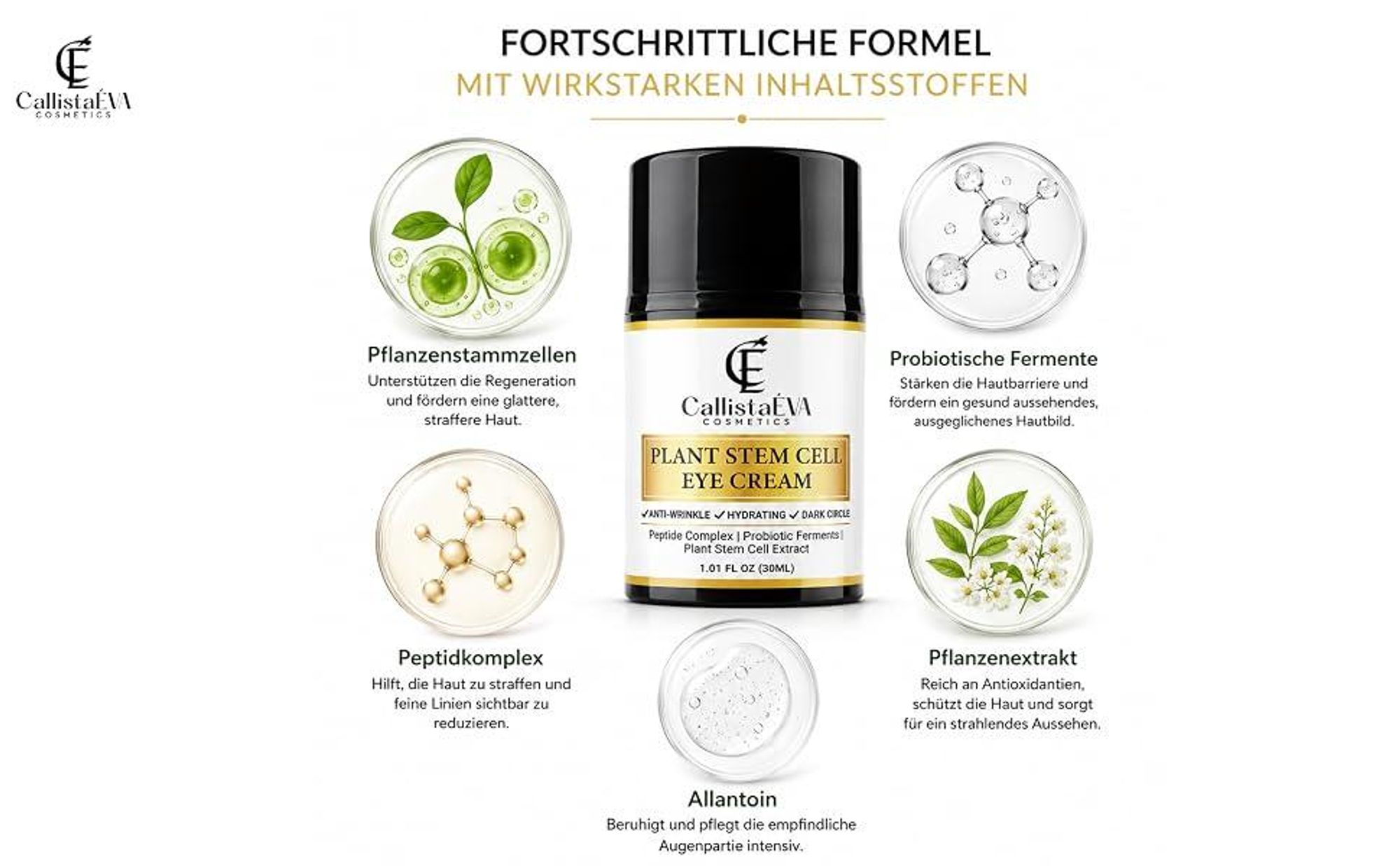 CallistaÉVA Stammzellen Augencreme – Anti-Aging gegen Augenringe, Schwellungen & Falten – Mit Peptiden, Hyaluron, Alle Haupttypen– 30ml