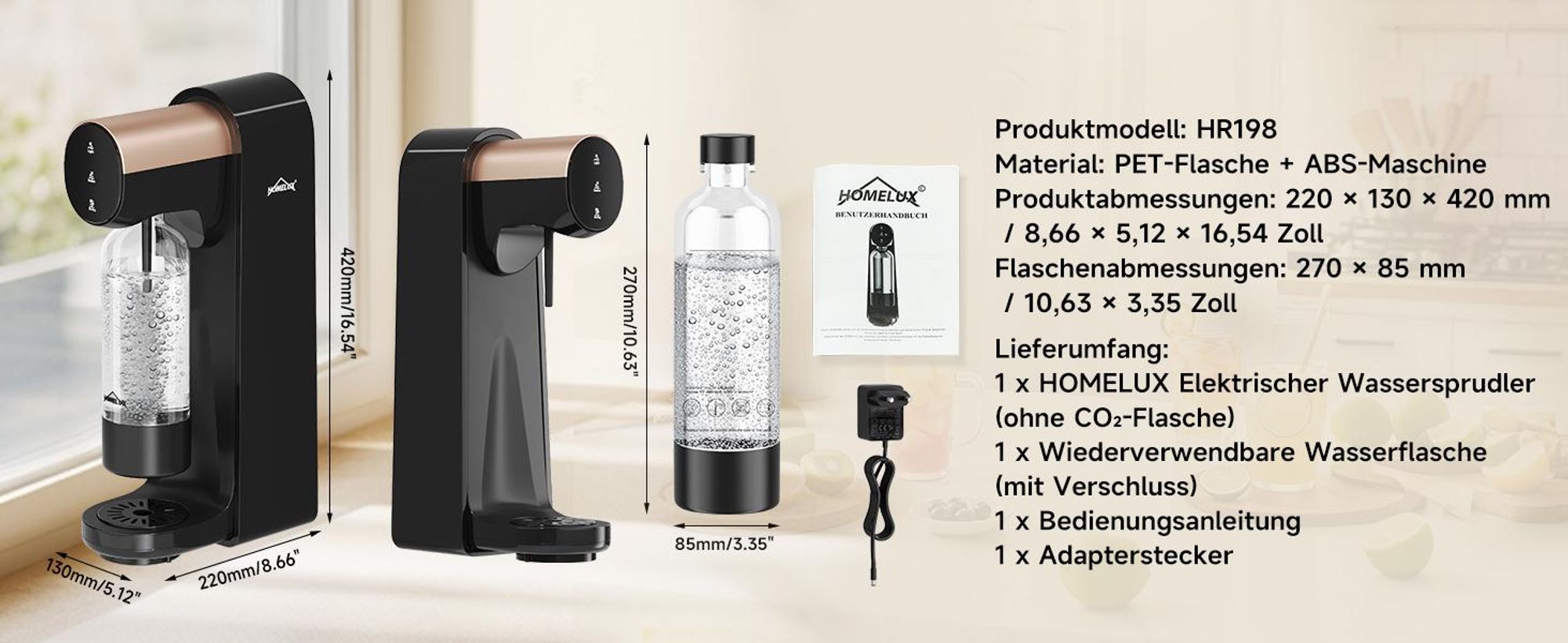 Wassersprudler, Elektrischer Sprudelwasser Maschine mit 1 PET-Flasche, Soda Maker, Wasser Sprudel GeräT, Water Carbonator, Touchscreen,3-stufig