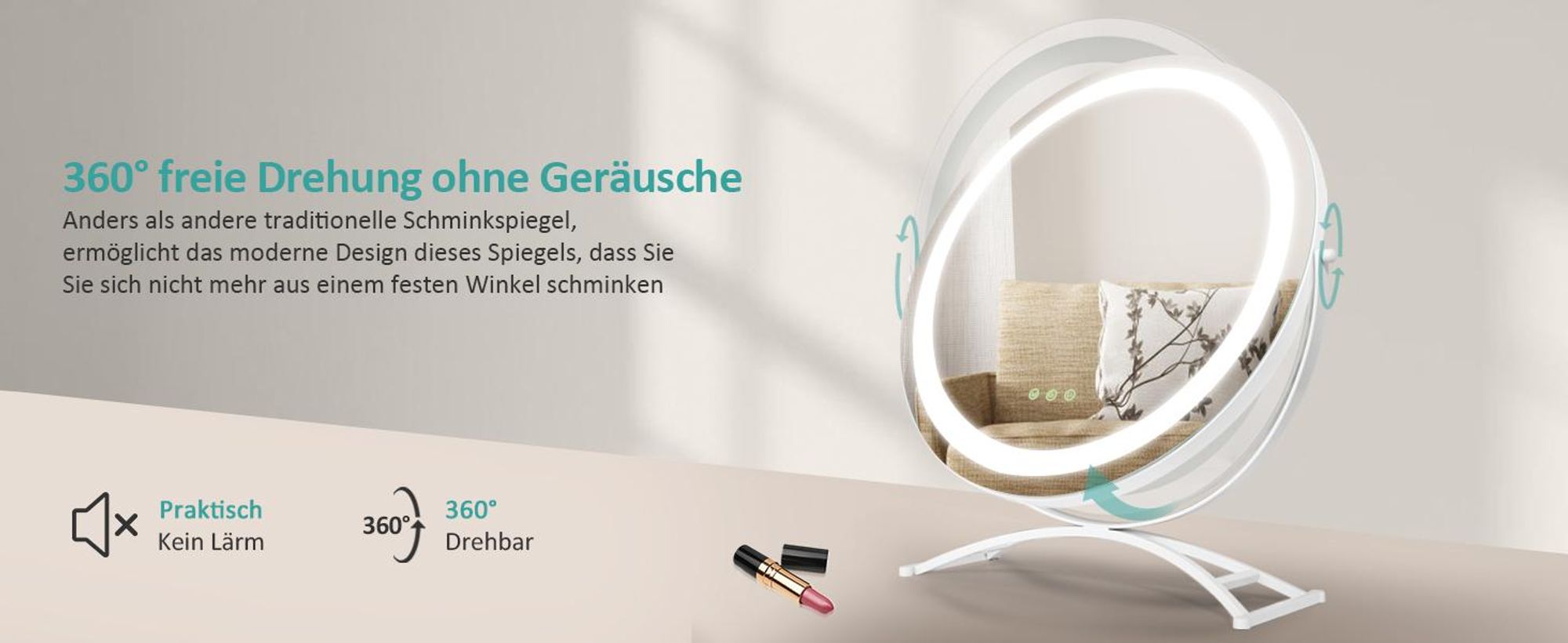 EMKE Schminkspiegel mit Beleuchtung, Hollywood Spiegel mit 3 Lichtfarben, Smart-Touch-Steuerung Schminktisch Spiegel mit Licht 360° drehbar, Einstellbare Helligkeit und Memory-Funktion (Φ400mm, Weiß)