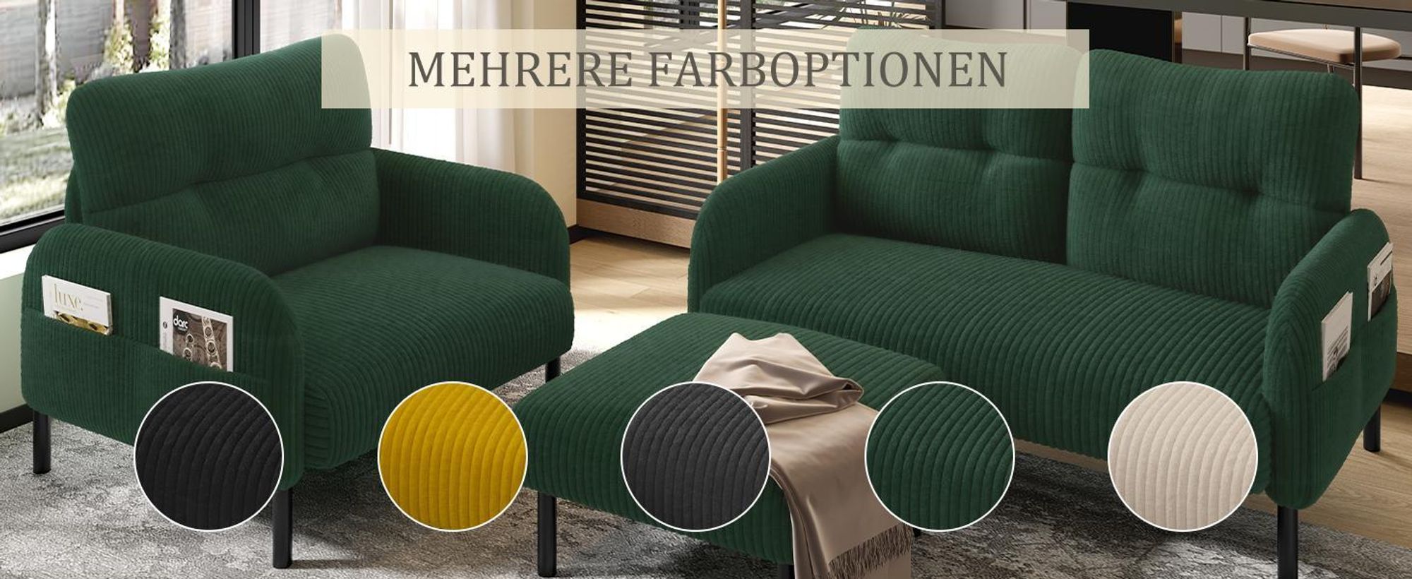 LVHOM Cord 3er-Set 2-Sitzer+Sessel+Hocker, Flexibel für Wohnzimmer Ecksofa mit Seitentaschen, Sitzgruppe Grau