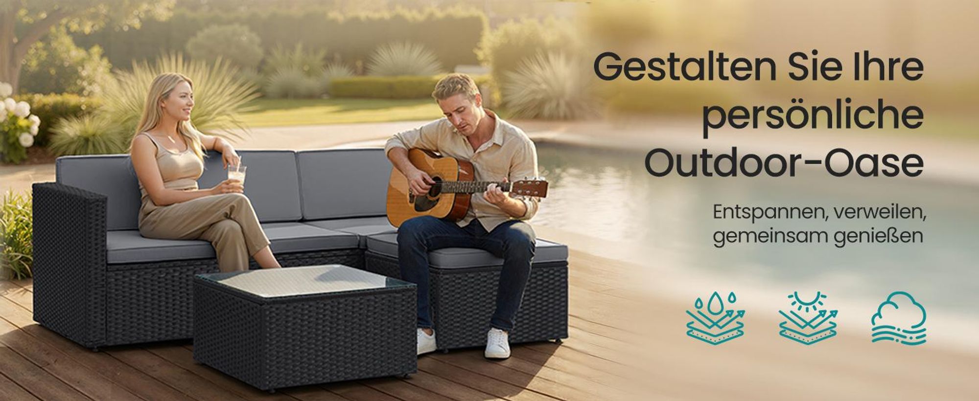 SONGMICS (5-tlg) Gartenlounge-Set, Tisch, Fußhocker und Sofa, mit Kissen, schwarz-grau