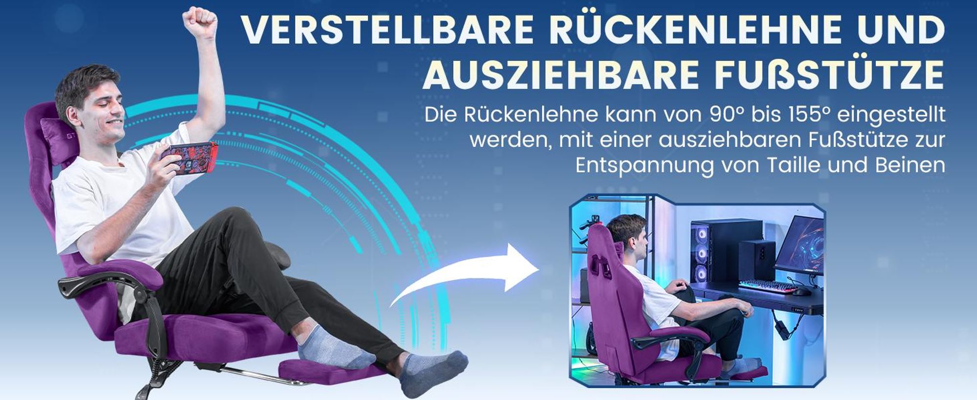 GTPLAYER Gaming Stuhl Ergonomischer Gaming Sessel Schreibtischstuhl Bürostuhl mit Stoffoberfläche Federsitzkissen, Verbindungsarmlehnen, mit Fußstütze