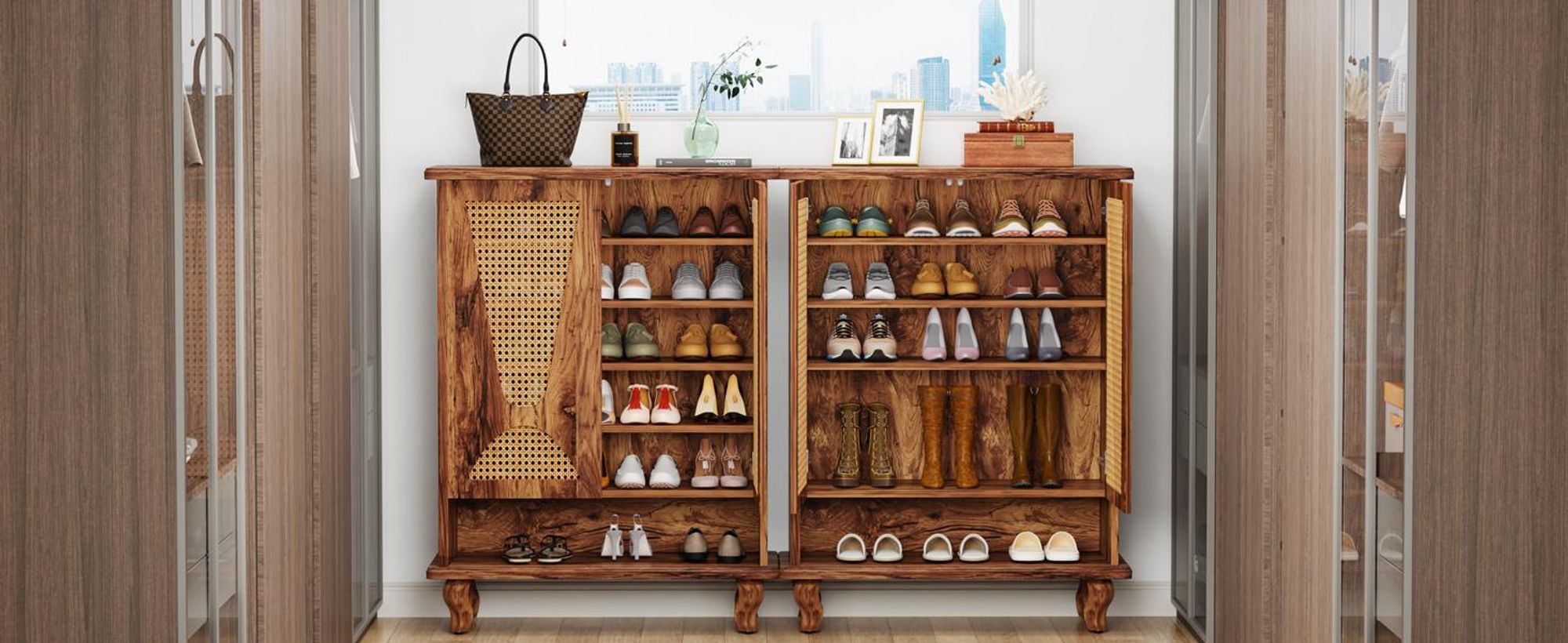 Tribesigns Schuhschrank Rattan, 5-stöckiger, großer, versteckter, moderner, freistehender Schuhschrank für 25 Paar Schuhe mit belüfteten Türen