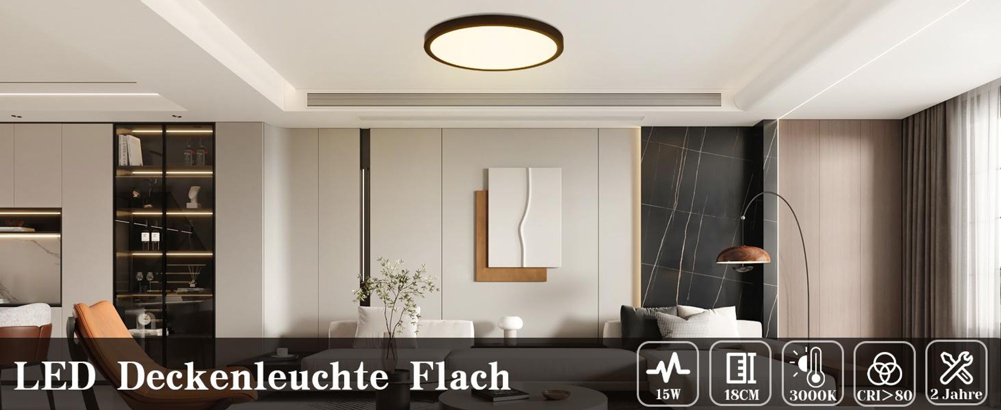 ZMH LED plafondlamp, zwart, plat model, 8W, 3000K (warm wit), 17cm. Kleine plafondverlichting voor keuken en hal