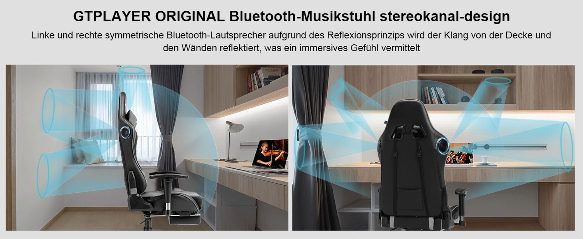 GTPLAYER Gaming Stuhl Mit Fußstützen Bluetooth Lautsprecher Musik Stuhl Ergonomischer Computerstuhl Schreibtischstuhl Gamer Stuhl Grau