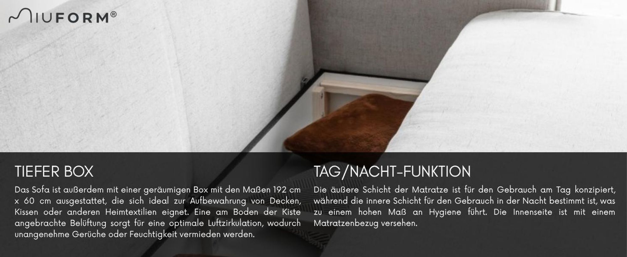 MIUFORM Charming Charlie Slim - Sofa mit Bettfunktion und Bettkasten - 225x90cm - Beige - 3-Sitzer Schlafsofa