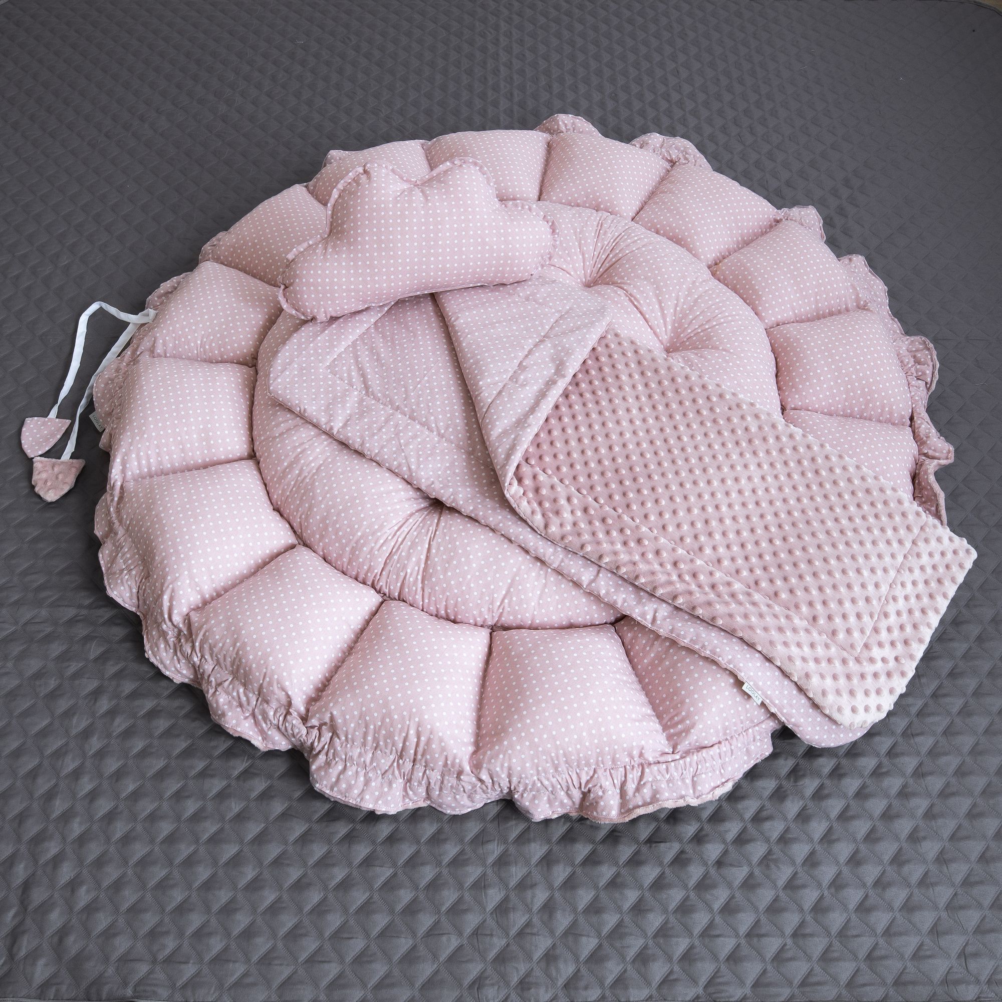 Zweiseitig Babynest ENGELSNEST XXL PUNKTE Rosa/ MINKY Altrosa Baumwolle + Wolke Kissen + BABYDECKE (Reisebett Nestchen Ausstattung SET)