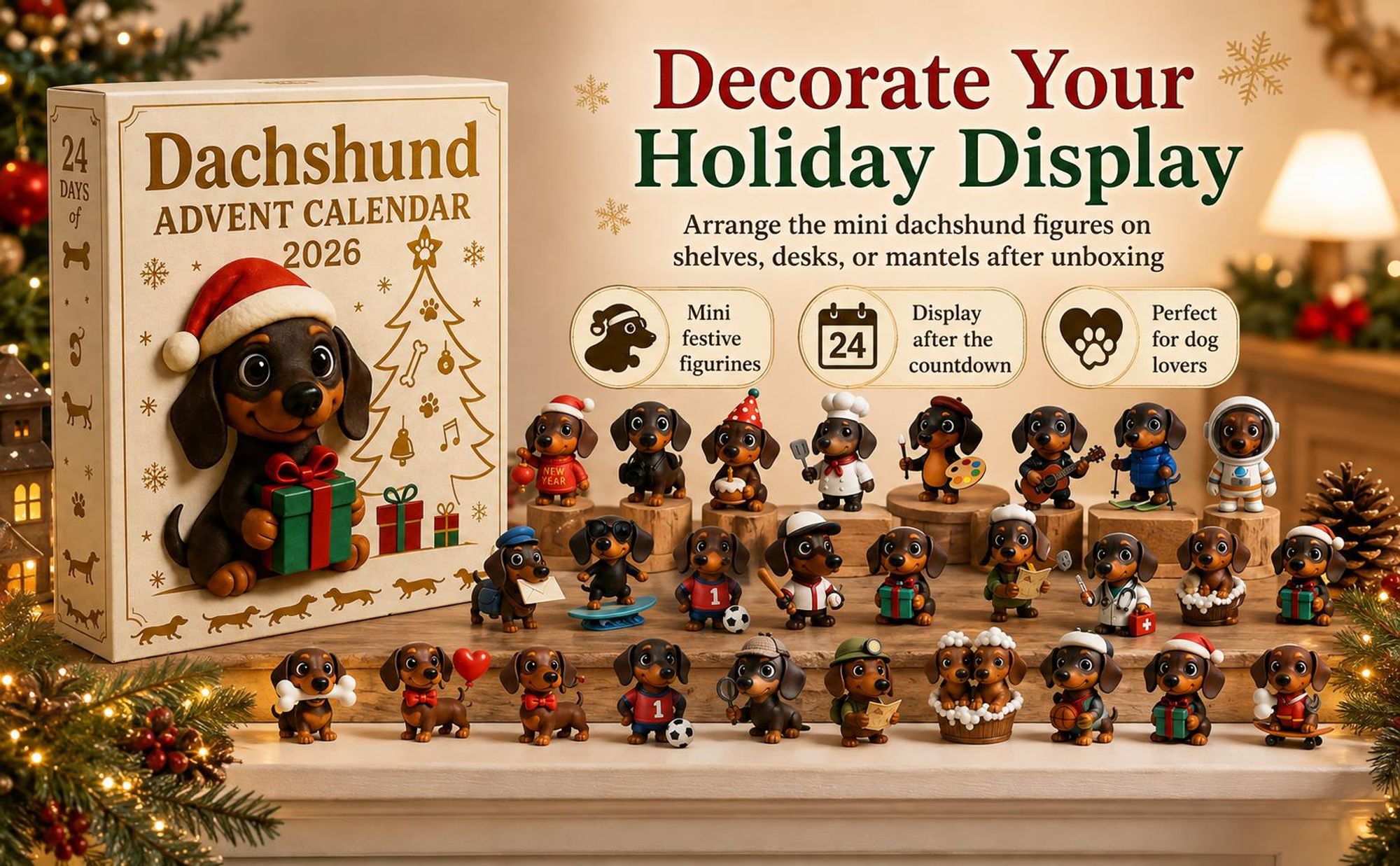 2026 Dachshund Adventskalender – 24 Tage 3D Dackel Figuren, Weihnachtsornamente & Geschenk für Hundefreunde