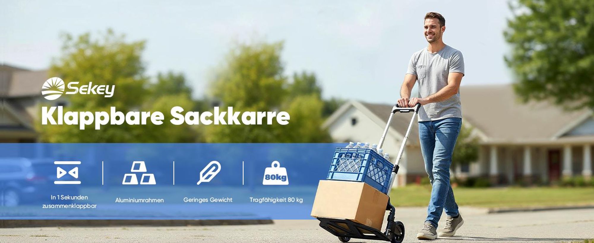 Sackkarre Alu Handwagen Transportkarre klappbar Handkarre bis 80 kg Tragfähigkeit 3-stufig höhenverstellbar Klappkarre Klappwagen in Sekunden faltbar