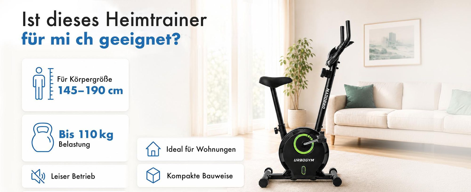 URBOGYM BAY GREEN Heimtrainer – Magnetisches Fitnessbike mit 3-kg-Schwungrad, 8 Widerstandsstufen, bis 110 kg