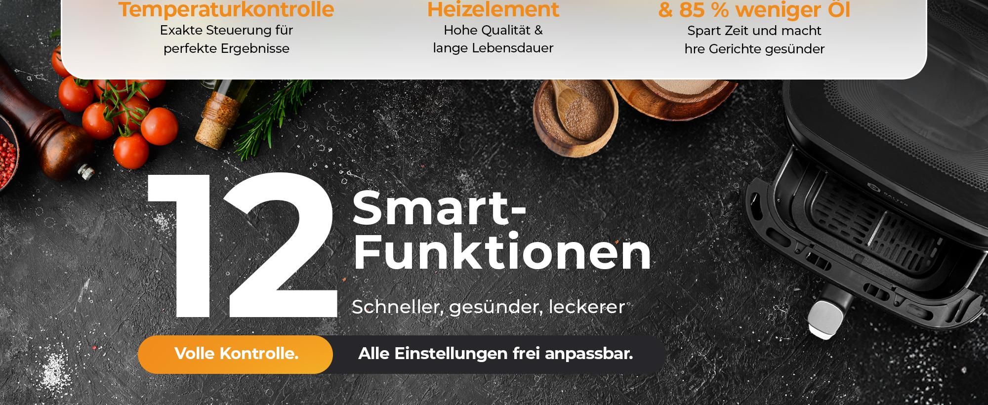 Balter Heißluftfritteuse XXL 6,5L mit Sichtfenster, 1700W, Airfryer, ohne Öl, 12 Programme, Touch-Bedienung, 100 Rezepte, Edelstahl, Schwarz