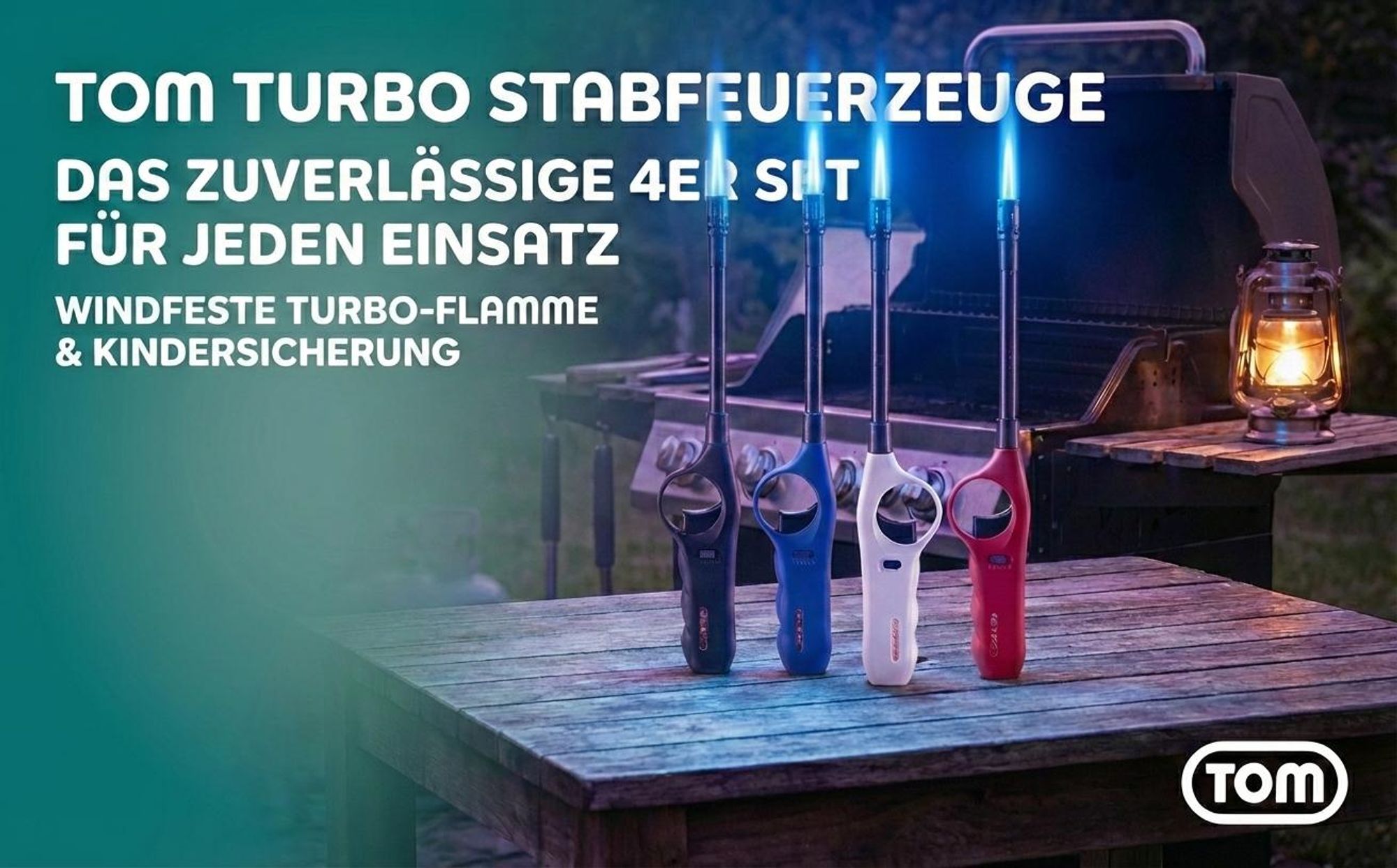 TOM Stabfeuerzeug | Sturmfeuerzeug | Jet-Flamme | 4er Set | Nachfüllbar | 28,3cm Stab