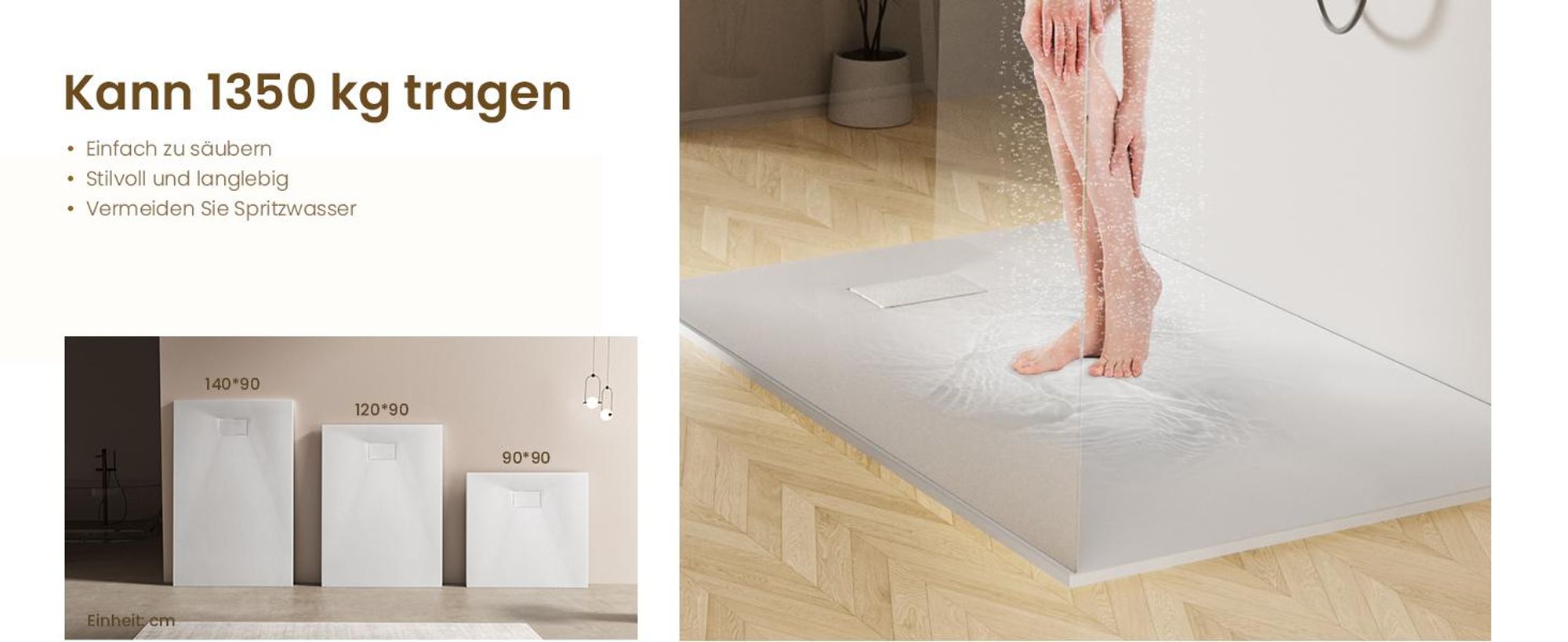 EMKE Duschwanne Flach Rechteckig 140x90cm Duschtasse mit Rutschfeste Struktur in Weißer Steinoptik