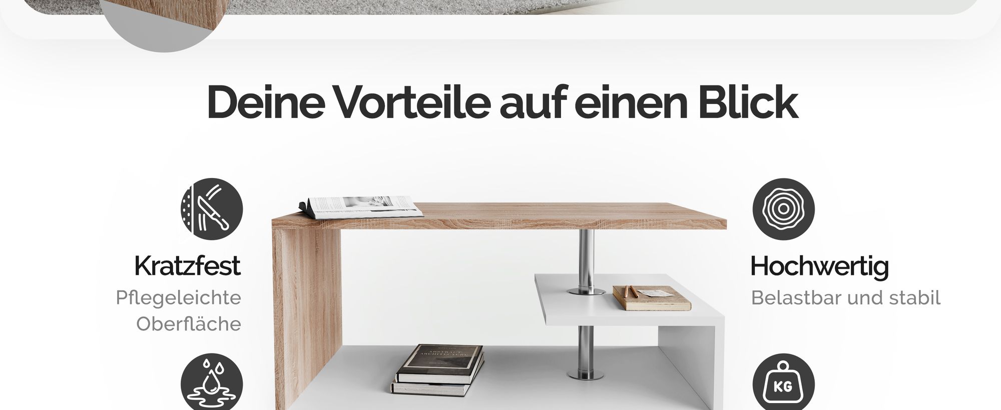 CASARIA® Couchtisch Weiß Eiche Holz mit Stauraum 95x55cm Edelstahl Füße Höhenverstellbar Ablage Modern Rechteckig Beistelltisch Wohnzimmer Tisch Couch