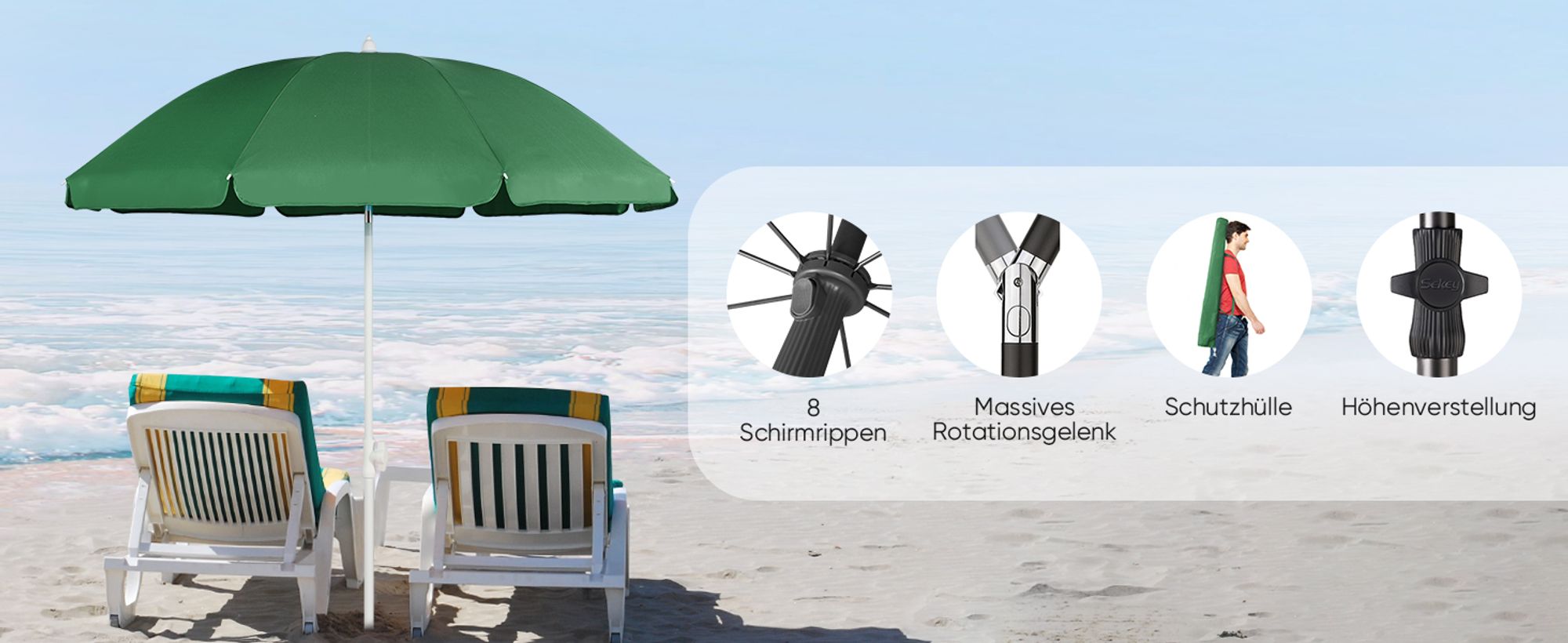 Sekey Sonnenschirm Rund Ø180cm Gartenschirm UV Schutz 50+ Strandschirm mit erdspieß & Schutzhülle, Neigungswinkel und Höhe verstellbar