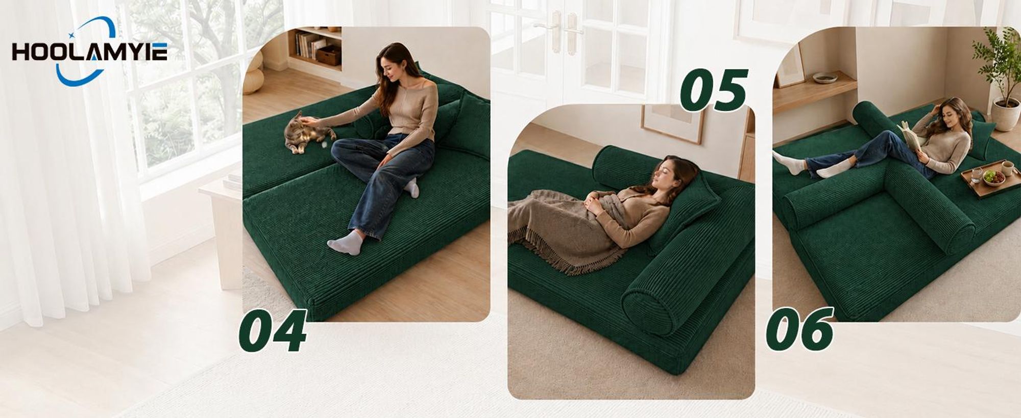 HOOLAMYIE 6-in-1 Modulares Schlafsofa aus Cord, Klappbares Polstersofa mit Seitentasche, montagefrei, Bodensofa 2-Sitzer, Grün