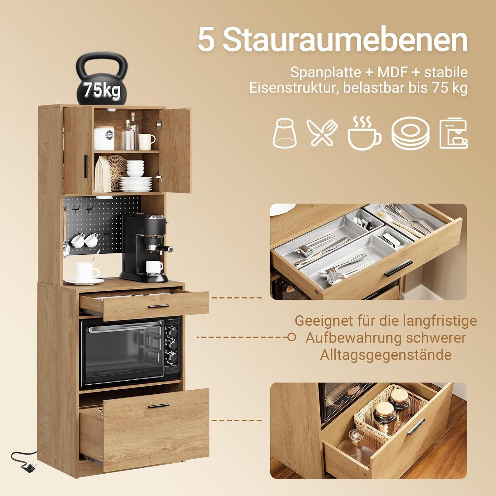SoBuy Küchenschrank Hochschrank mit Mikrowellenfach, Steckdose & 2 USB-Anschlüssen Buffetschrank mit Sensorleuchte & viel Stauraum für Küche FSB98-E-N