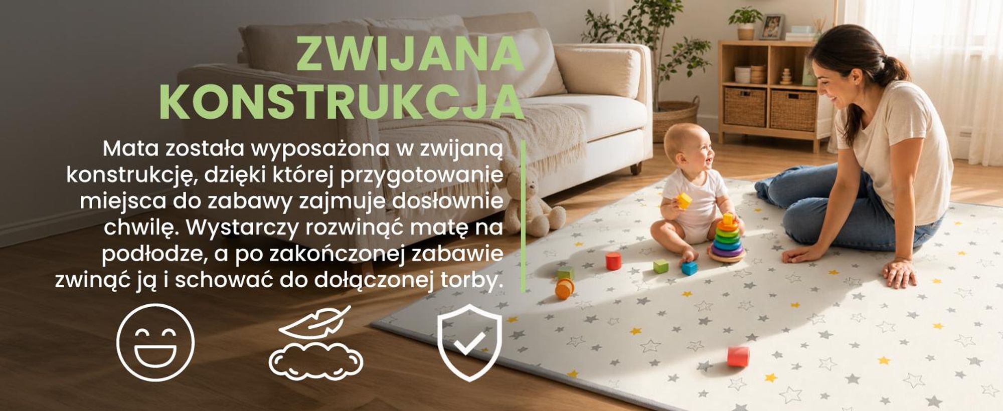 dwustronna mata do zabawy dla dzieci do raczkowania duża 180 na 200 cm wodoodporna i antypoślizgowa
