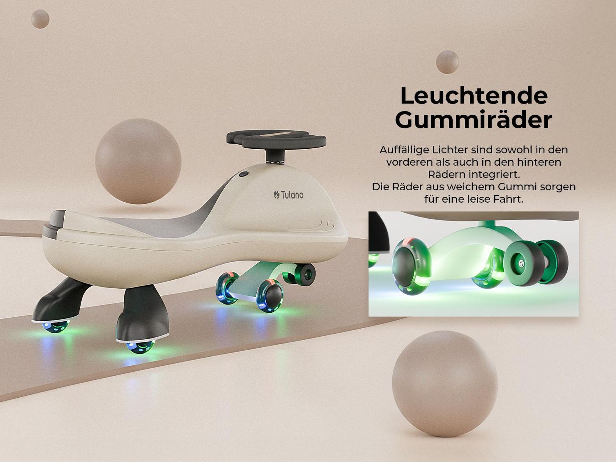 Rutschauto für Kinder Tulano Focus 35 Beige - Gravity Ride-On Fahrzeug mit LED-Lichtern für Kinder ab 3 Jahren - Auto Swing Car Rutscher