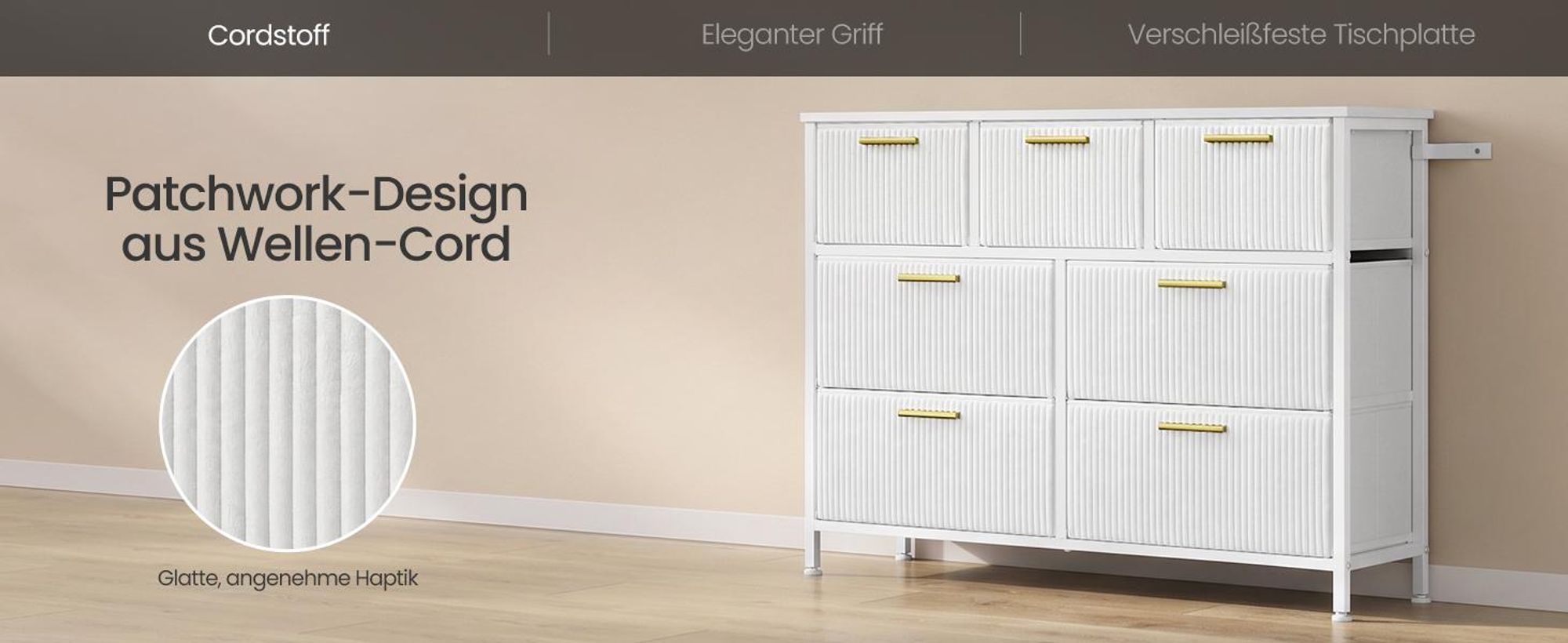 SONGMICS Kommode mit 7 Schubladen, Wohnzimmerschrank im Cord-Design, 98,7 x 30 x 74,7 cm, Weiß