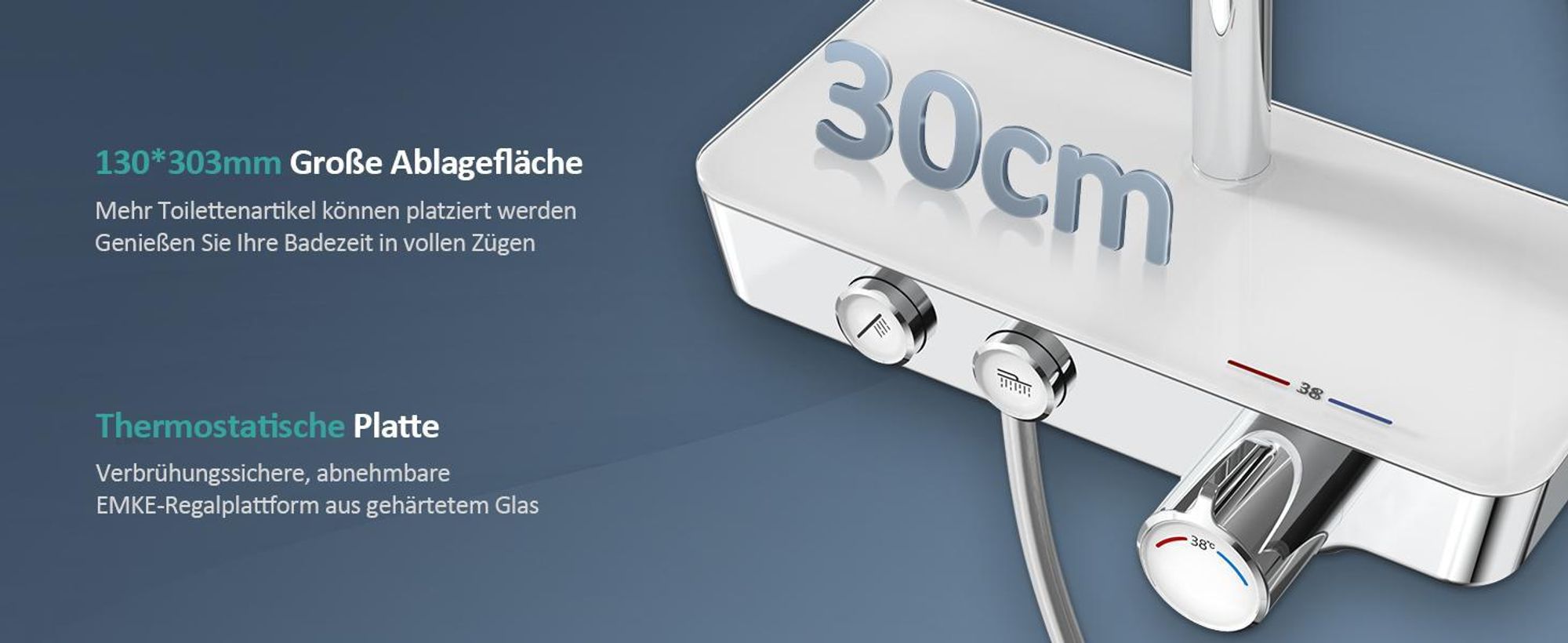 EMKE Duschsystem mit Thermostat Edelstahl Duschset mit 3 Funktion Handbrause, Regendusch, Duschpaneel, Bad- & Duscharmaturen, KTW, Chrom - F08