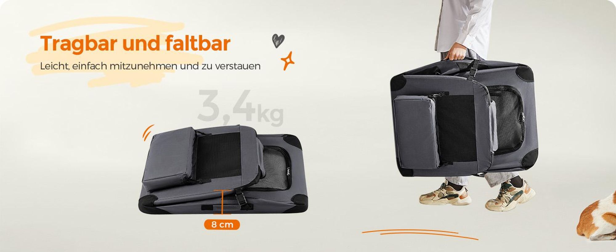 Feandrea L Transportbox faltbar Oxford-Gewebe,Netzstoff,atmungsaktiv,Grau