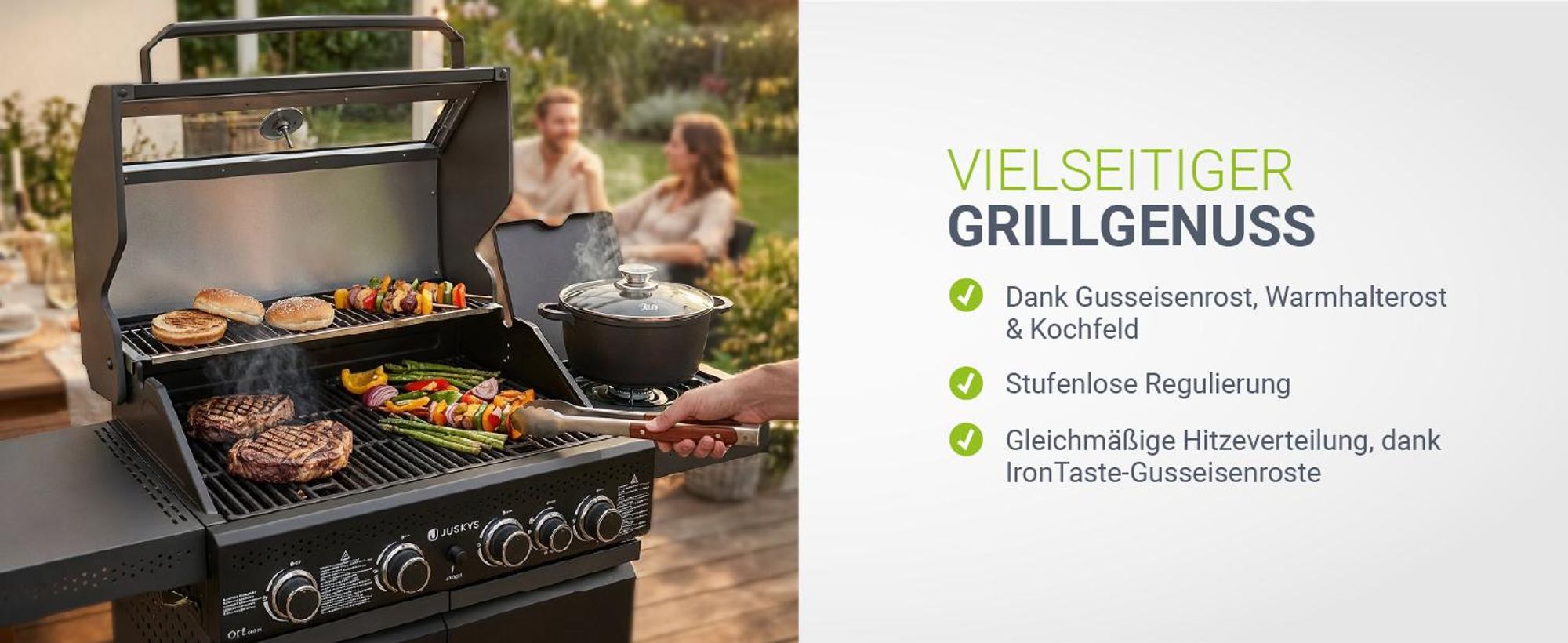 Juskys BBQ Gasgrill Savannah - 4 Brenner & 1 Seitenbrenner - Stahl Grill mit Gusseisen Rost