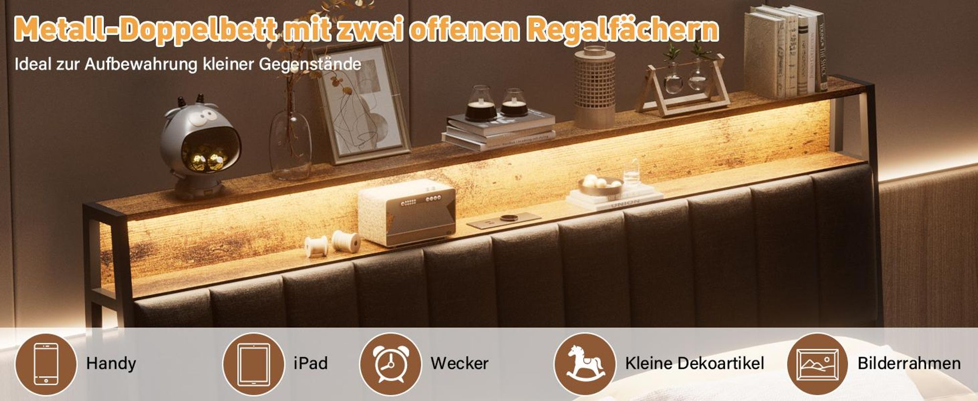 DEWINNER Bettrahmen 140 x 190, mit Metallgestell, 2-Personen-Bett, mit LED und Mehrfachsteckdosen (1 Steckdose, 2 USB-Anschlüsse), Doppelbett