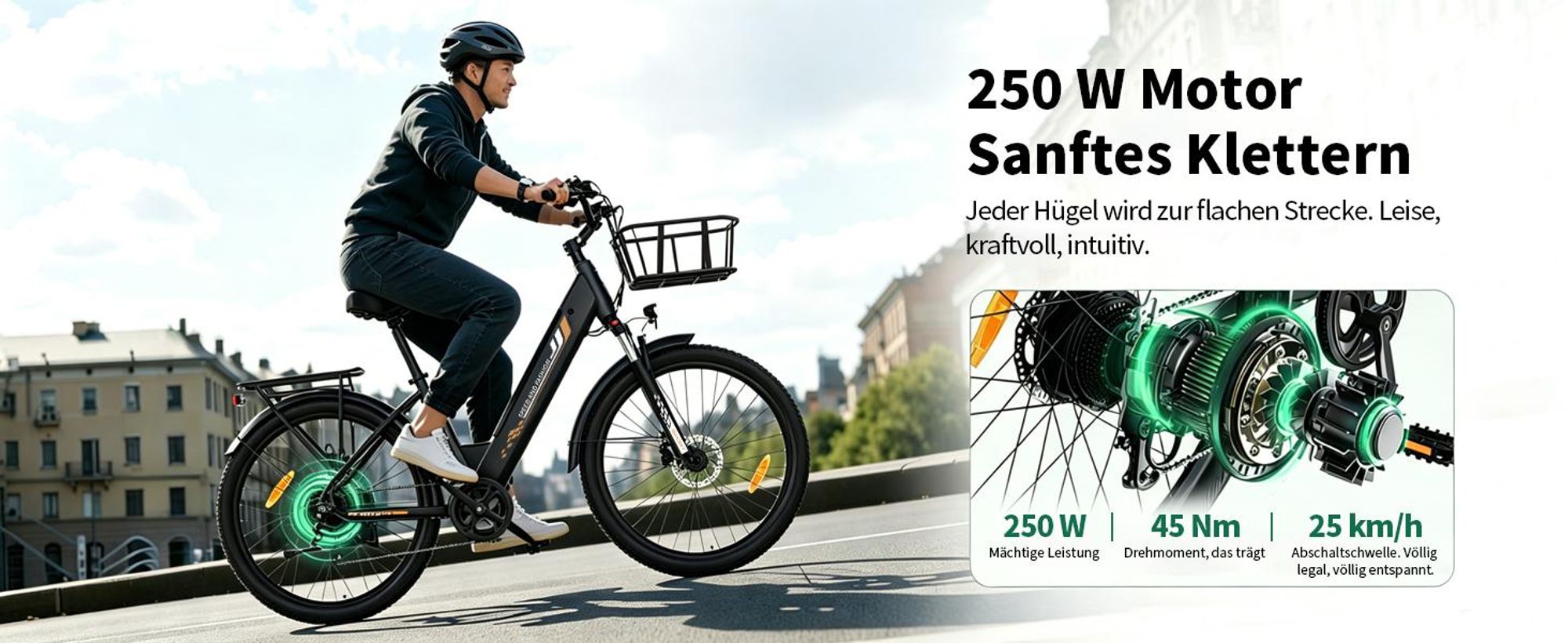 Runetic Ebike, City e-bikes & Dutch e-bikes, 250W Motor, herausnehmbarer 36V 13Ah Akku, bis zu 100 km Reichweite, 7 Gänge, 25 km/h, Grau