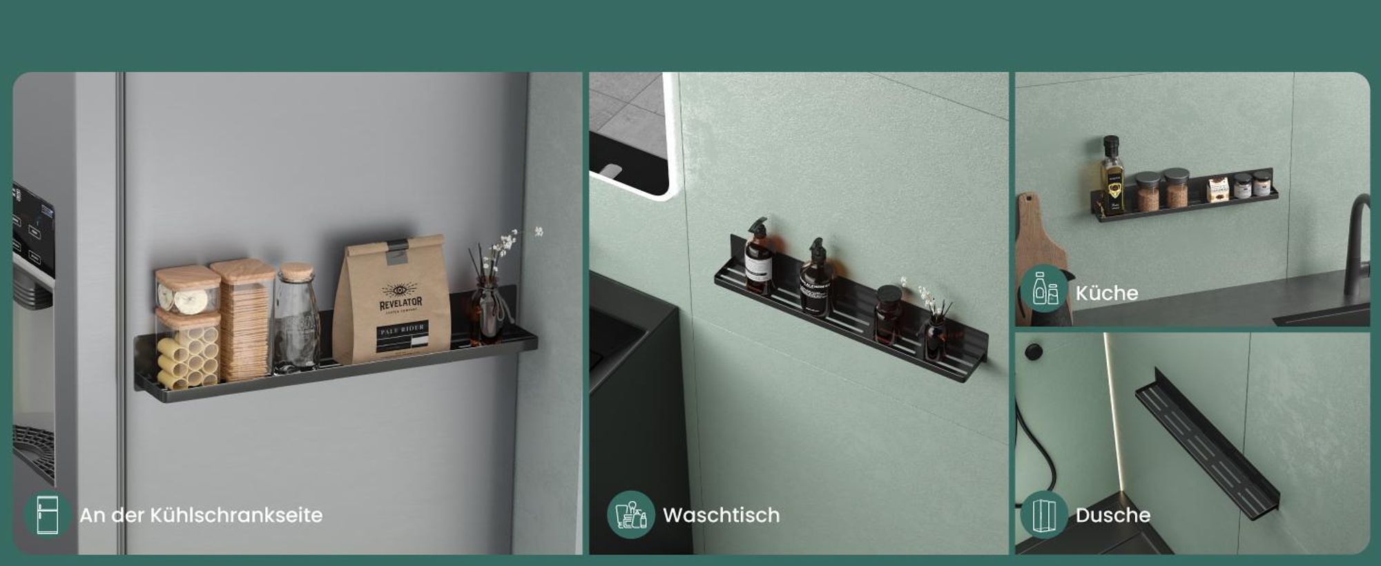 Mai & Mai Duschablage ohne Bohren, Duschregal magnetisch, selbstklebende Badezimmerablage zur Wandmontage 60cm Schwarz Reglo-01
